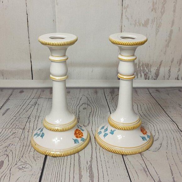 Floral Candle Holders Nora Fenton Made In Italy Set Of 2 Hand Painted Numbered - Picture 4 of 14